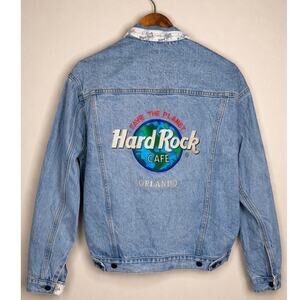 Vintage Hard Rock Cafe Orlando Denim Jacket Save The Planet Embroidered Logo Y2K
